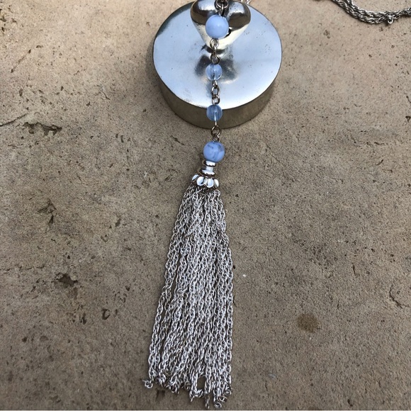 🪅 2 /$12 Banana Republic Silver Tassel Pendant Necklace with Blue Beads - Picture 3 of 9